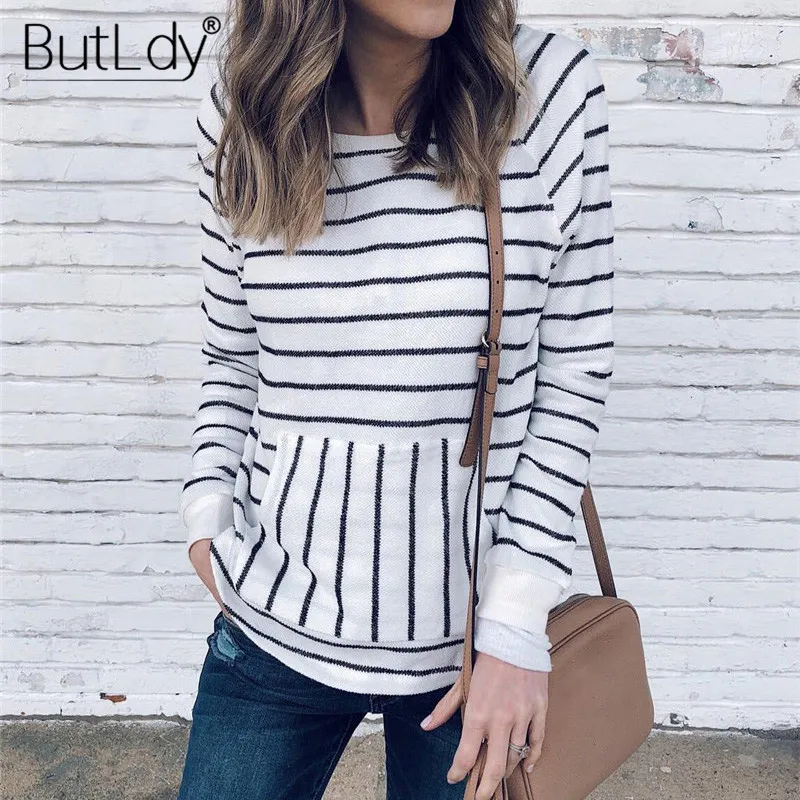 

Striped Sweatshirt Women Pocket Pullover Top Casual 2019 Autumn Winter Sweatshirts Ladies Trachsuit O-Neck Basic Hoodie