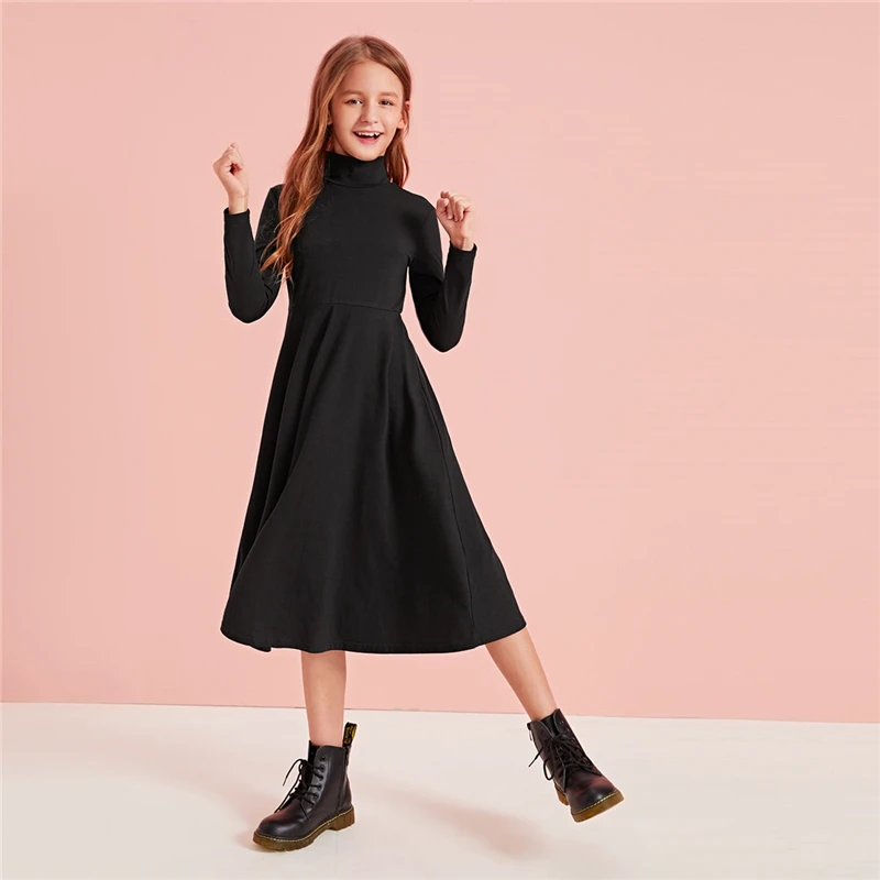 SHEIN Kiddie/однотонное повседневное расклешенное платье с высокой горловиной для детей г. Осенние платья средней длины с высокой талией и длинными рукавами трапециевидной формы для подростков