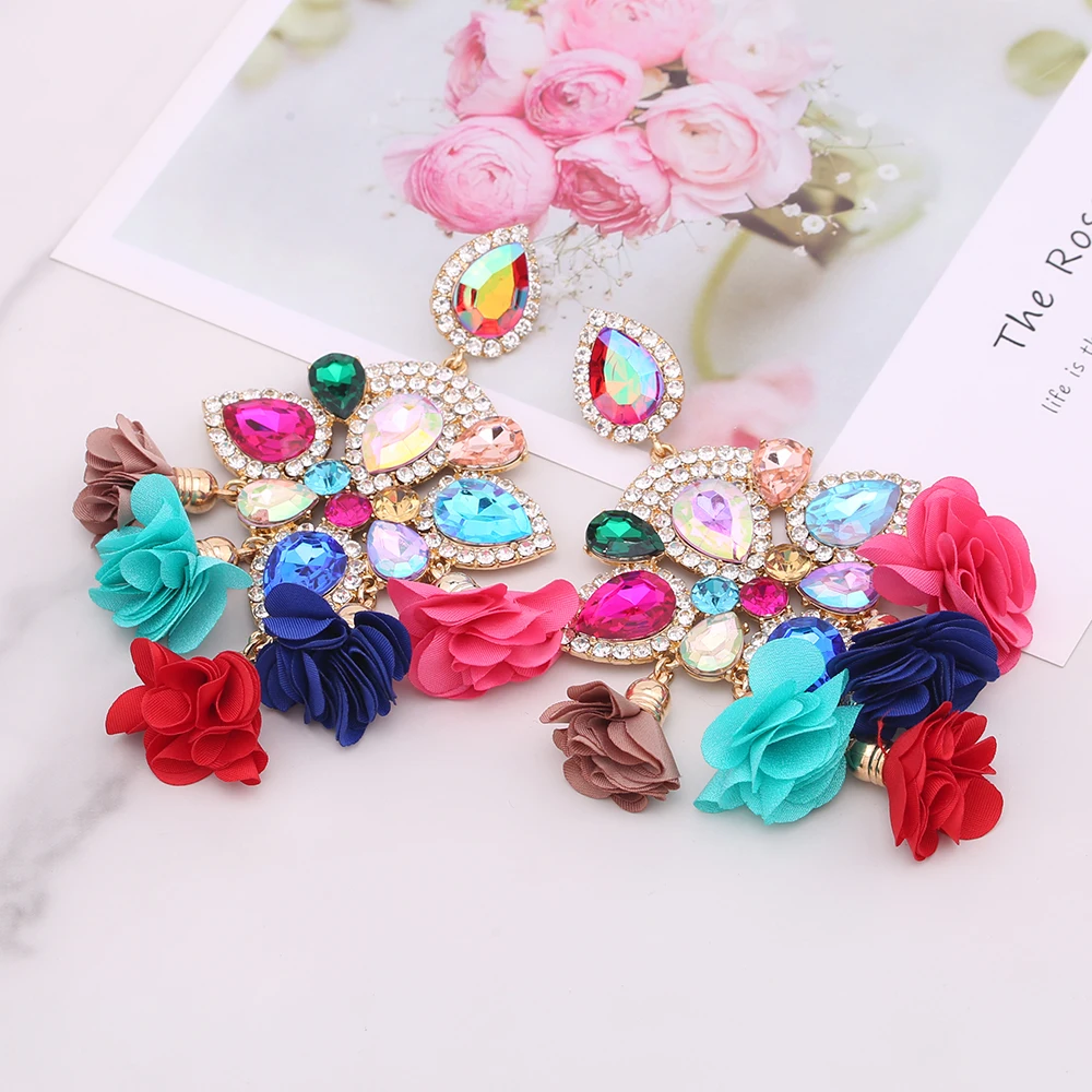 Dangle Earrings Crystal Earrings Pendant Earrings Flower Earrings Crystal Tassel Earrings Boho India Earrings For Women Flower Tassel Earrings Big Rhinestones Pendant Crystal Statement Earring Fashion Jewelry Gifts