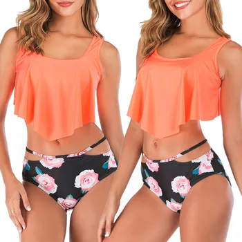 

Women Two Piece Plus Size Ruffles Sexy Backless Halter Beach Printed Swimwear Bikini 2020 mujer maillot de bain femme biquini