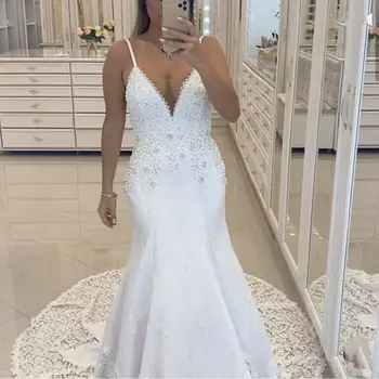 

Wedding Dress Mermaid Sweep Train Deep V-Neck Sleeveless Lace Applique Fishtail Bridal Gowns Floor Length White Gorgeous Women