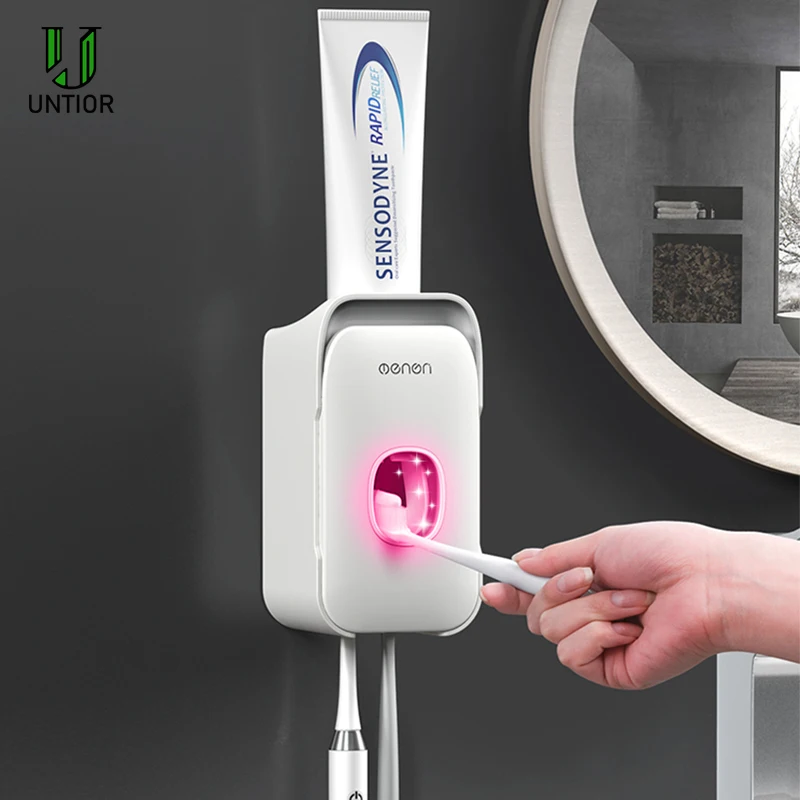 

UNITOR Plastic Wall Mounted Toothbrush Holder Automatic Toothpaste Dispenser Toothbrush Storage Rack Bathroom Accessories Set