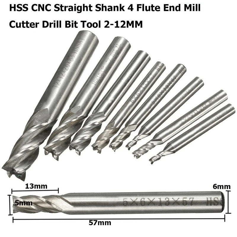  BMBY-10Pcs/Set 2-12Mm End Mill Set Hss 4 Blades Flute Milling Cutter Router Bit Cnc Mill Drill Bit 