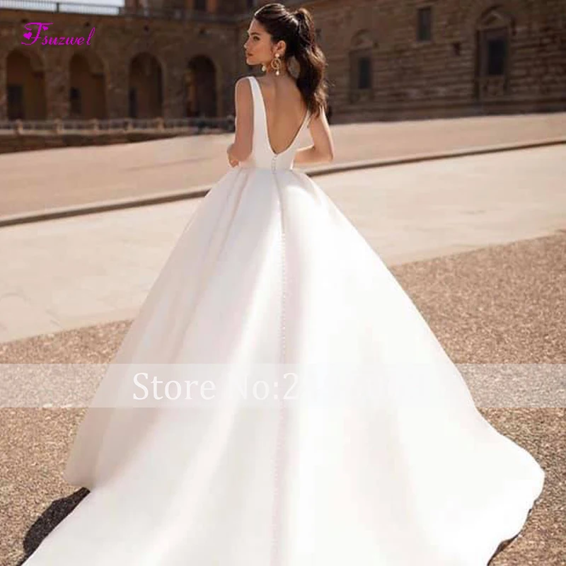 Fsuzwel сексуальное Глубокий круглый вырез, открытая спина атласное ТРАПЕЦИЕВИДНОЕ свадебное платье Элегантное свадебное платье с длинным подолом Vestido de Noiva