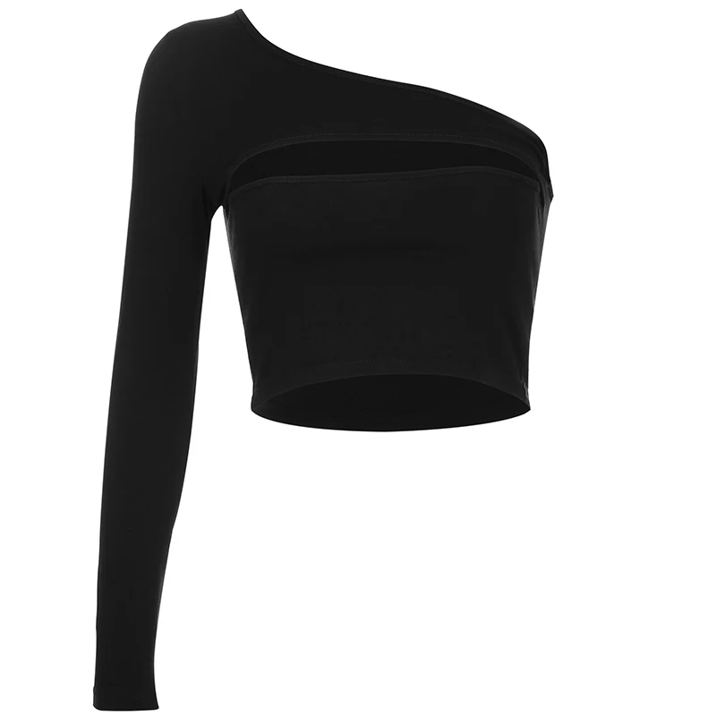 IAMHOTTY, топ на одно плечо, открытая женская футболка, топы с открытой спиной, сексуальная негритская футболка с длинным рукавом, Женская Асимметричная Клубная футболка - Цвет: Черный