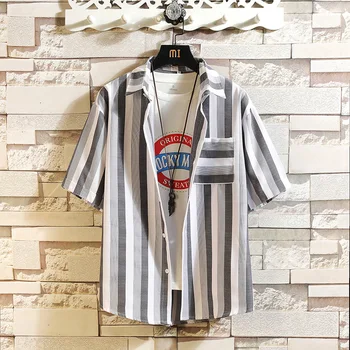 

2020 Brand Summer Striped Men's Beach Shirt Fashion Black White Short Sleeve Loose Casual Shirts Plus OVERSIZE M-4XL 5XL