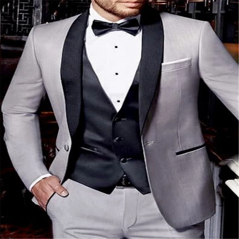 Esmoquin hecho a la medida trajes boda de novio para hombres trajes grises ajustados para hombre chal negro traje con solapa Homme Mariage Best Man Blazer 3 piezas|Trajes| - AliExpress