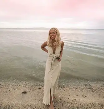 

Women Deep V neck Sleeveless Tie Front Dress Evening Party Solid Evening Party Long Maxi Dresses