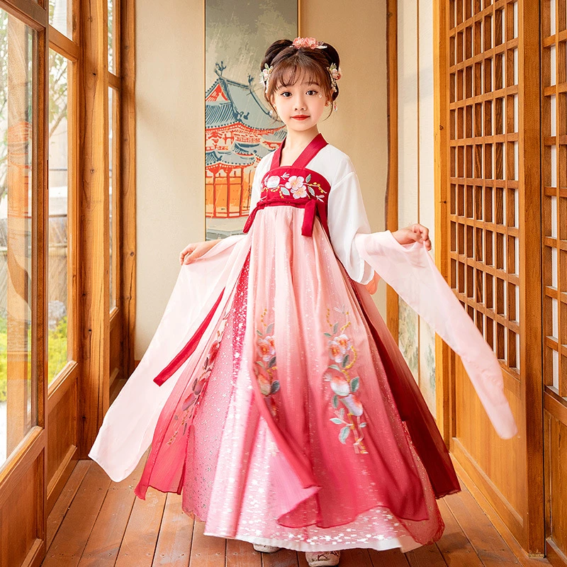 

Summer Children Fairy Costume Chinese Style Stage Dress Floral Embroidery Hanfu Tang Suit Girl Outfit Traditional Dress