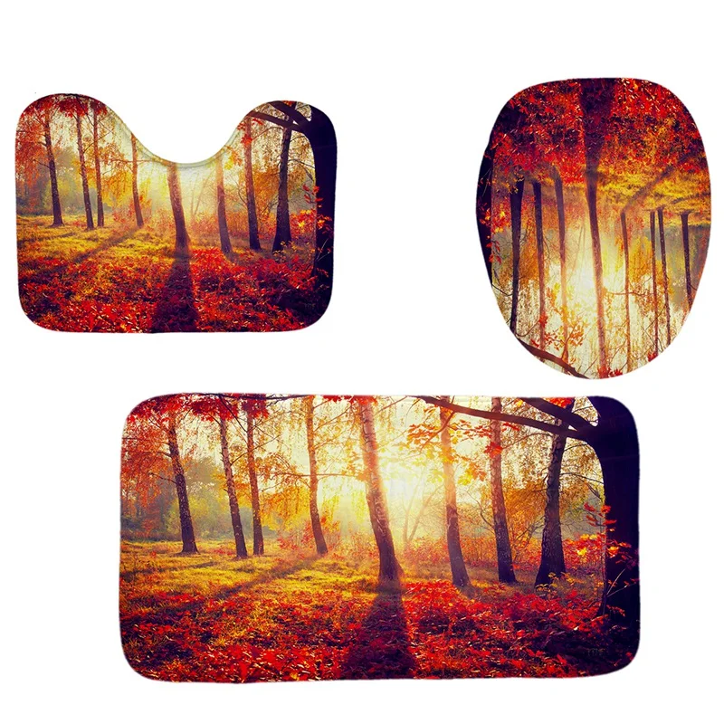 

4Pcs Home Bathroom Decor Set Bathroom Forest Sunshine Pattern Toilet Seat Cover Bath Mat Set+Waterproof Shower Curtain Promotion