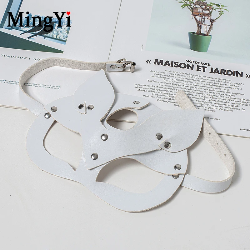 MK05 Rivet White Сексуальная кожаная кошачья маска для женщин БДСМ фетиш кошачья голова черный глаз маска для хеллоуина и карнавала Вечерние Маски Женщина-кошка косплей маска для лица - Цвет: MK05 Rivet White