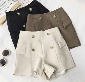 

2020 Spring Summer Fashion Shorts Ladies Double Breasted High Waist Casual Wide Leg Shorts Solid Back Zipper Female r581