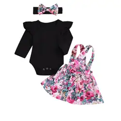 Одежда для новорожденных девочек, длинный рукав "Бабочка" Топы боди + юбка принцессы с цветочным узором Вечерние платья на бретелях + Бант с