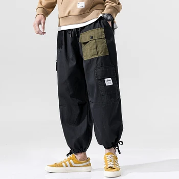 

UYUK2020 Spring Japanese Original Large-size Male Loose Corset Foot Color Contrast Patchwork Pocket Casual Overalls Joggers
