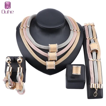 

Dubai Gold Colorful Jewelry Sets For Women Choker Necklace Ring Charm Earrings Bangle African Wedding Bridal Jewelry Set