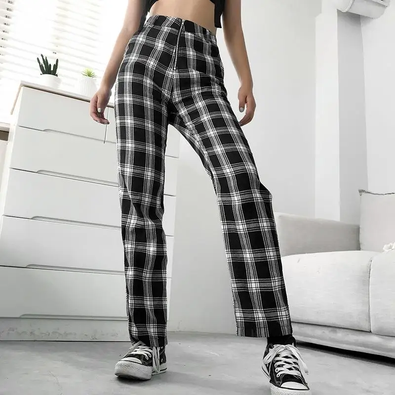 black and white plaid high waisted pants