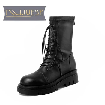 

MLJUESE 2021 women ankle boots soft Microfiber winter short plush lace up round toe high heels equestrian boots party dress