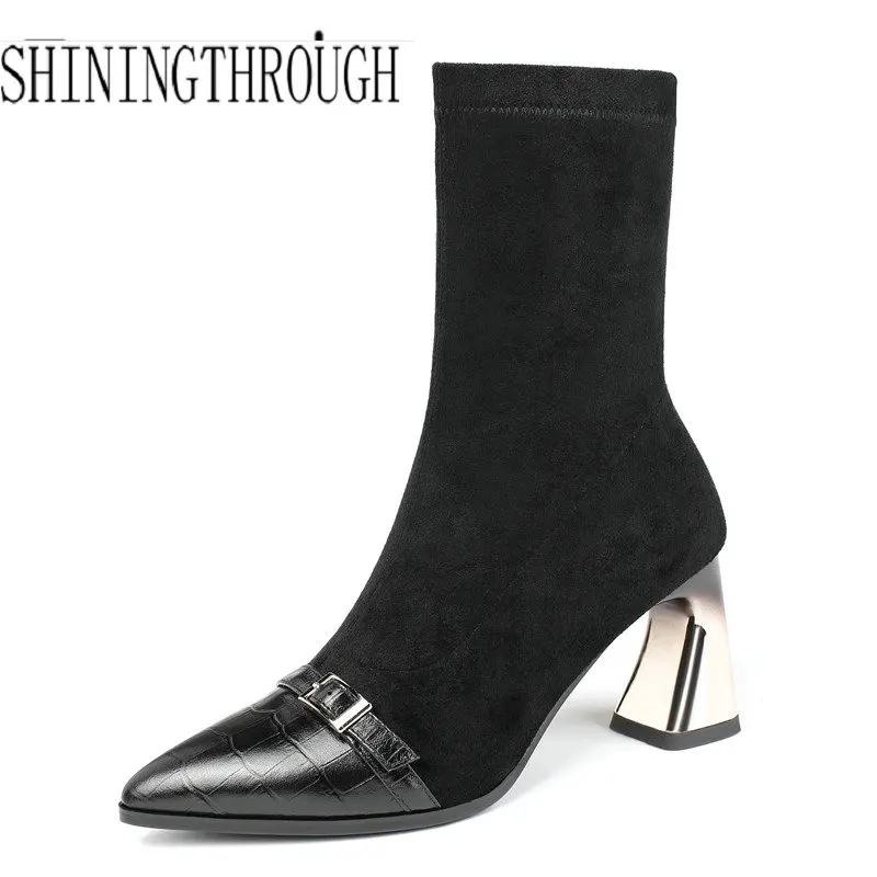 

2019 Autumn Winter pointed Toe High Heels Elegant Chelsea Short Boots Print Women Mid-calf Boots Brand New Party Shoes Woman