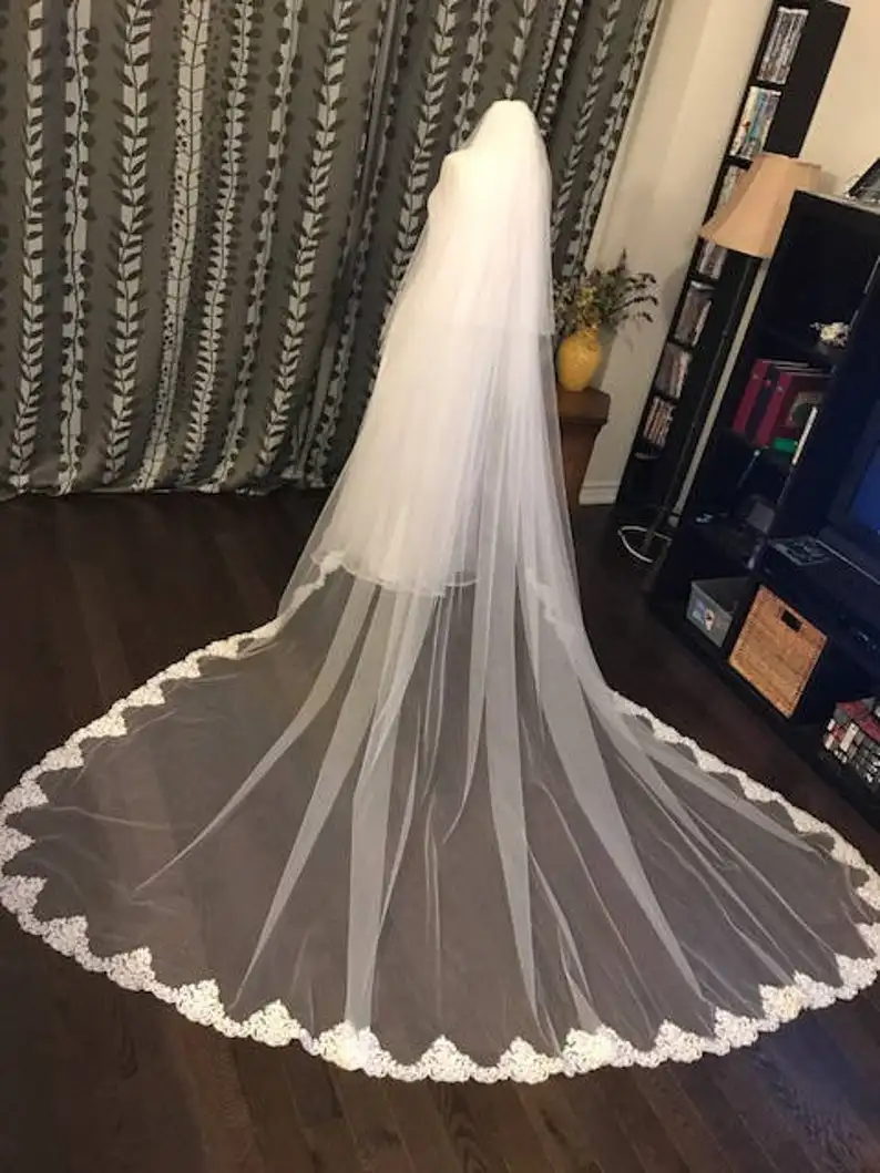 2 слоя кружева завесу полнота 10" W собор Длина 118" L кружевная свадебная вуаль короткая фата с косточкой высокого качества ручной работы, цвет белый, слоновой кости;