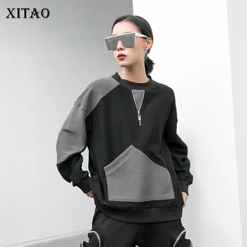 

XITAO Occident Style Color Block Zip Sweatshirt Fashion Loose Plus Size Long Sleeve Pullover Wild Simple Minority 2020 DZL1870