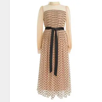 

2020 Spring Summer fashion Polka Dot Mesh Dress women Puff Sleeve High Waist Sexy See Though Lace-up Party Dress r563