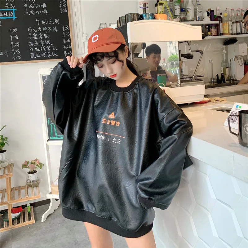 2619 Price plus 5 Autumn And Winter WOMEN'S Dress New Style Loose And Plus-sized Long Sleeve Crew Neck Leather Coat Women's Fash