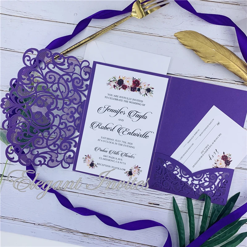 The Modern Touch-Plum Laser Cut Pocket Fold With Floral And Geometric Invitation with envelop free shipping | Дом и сад