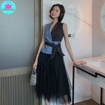 

2019 Xia Xin Stripe Sleeveless Slim Tops High Waist Silk Screen Gauze Skirt Set 2 Pieces V-Neck Knee-Length