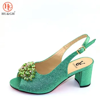 

Hot Selling African Women High Heels Sandals Italy New Rhinestone decoration Designs Women Party Shoes Open Toe Shoes Green