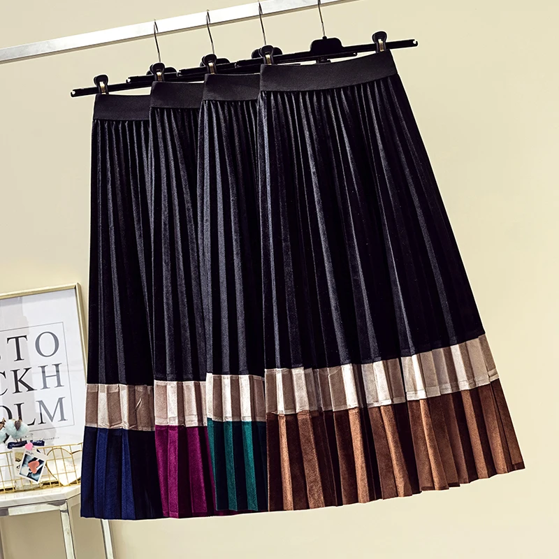 

Vintage Velvet Autumn Striped Print Midi Long Winter Pleated Skirt Women Elegant High Waist Casual Falda Mid-Calf A-Line Skirts