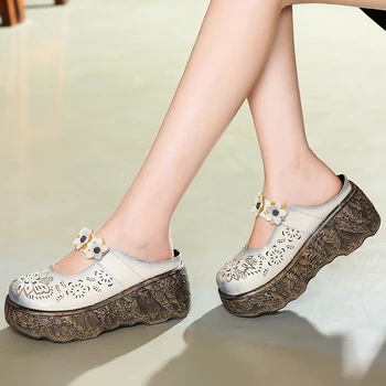 

ALISHINREY 2020 Summer Retro Sandals Summer Genuine Leather Shoes Handmade Slides Flip Flop Platform Clogs Women Wedges Shoes