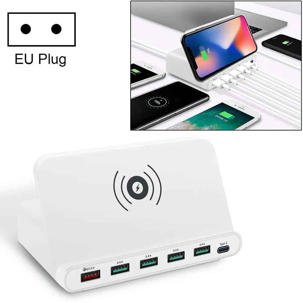 QC 3,0 USB интерфейс+ 2,0 usb порты+ USB-C/type-C Интерфейс+ 10 Вт Беспроводная зарядка многофункциональное зарядное устройство с мобильным телефоном - Тип штекера: EU Plug White