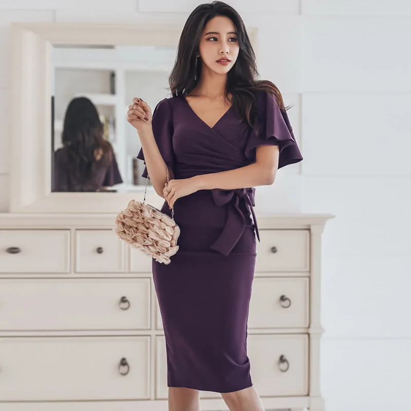 

732 #2019 Spring And Summer New Style Sexy Korean-style WOMEN'S Wear Elegant V-neck Flounced Lace-up Slim Fit Sheath Dress