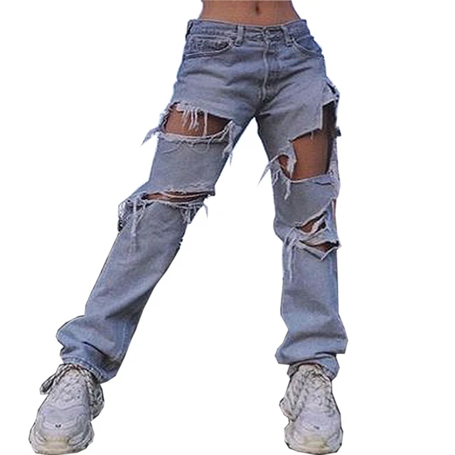 Women Fashion Sexy Casual Big Holes Long Trousers Ripped Frayed Loose Jeans 2