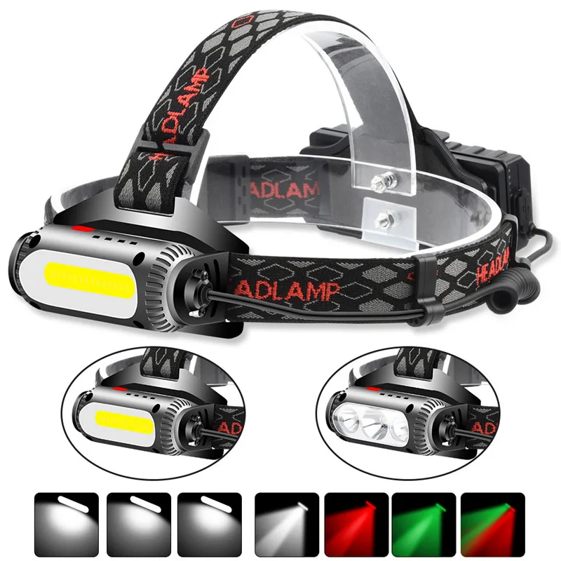Led White Red Green Three Light Headlamp Usb Charge Headlight