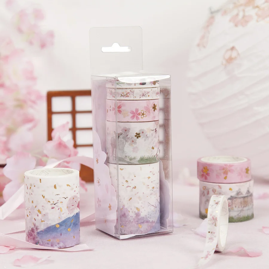 

5pcs Japanese Sakura Paper Washi Tape Set Pink Cherry Flower Gold Color Adhesive Masking Tapes Decoration Stickers DIY A6372