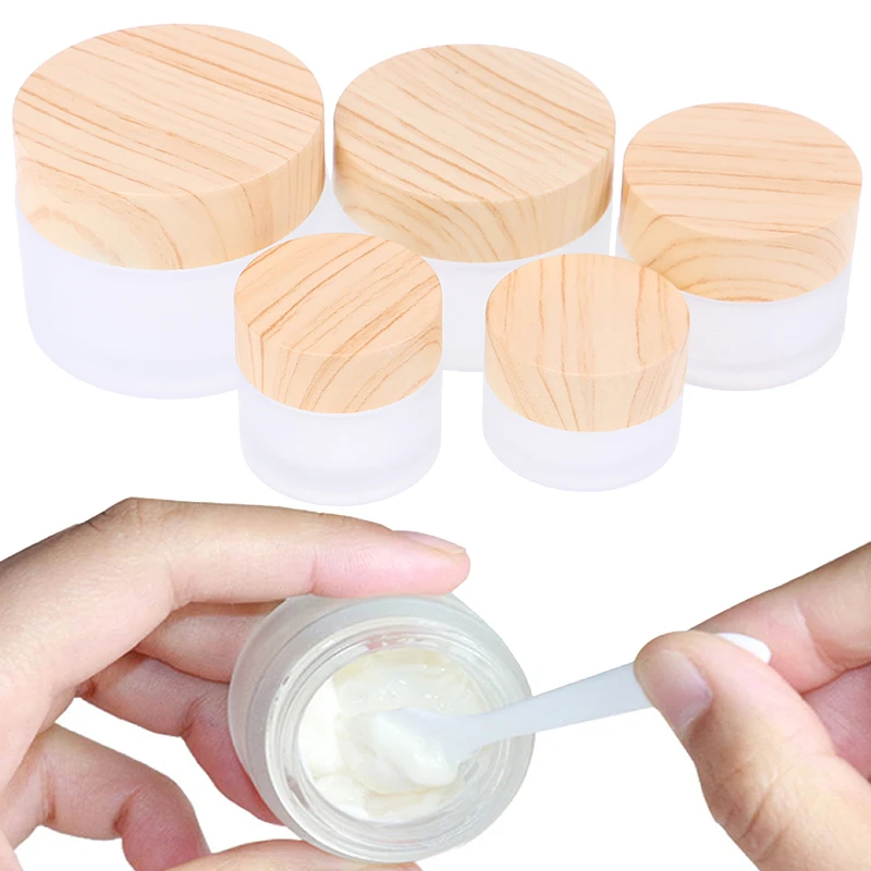 

Cosmetic Container With Wood Grain Lid 5g 10g 15g 30g 50g Frosted Glass Jar Skin Care Eye Cream Jars Pot Refillable Bottle 1PCS