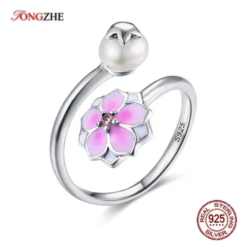 

TONGZHE 925 Sterling Silver Rings Magnolia Blooming Pink Cherry Open Finger Rings for Women Enamel Fashion Jewelry KLTR074-1