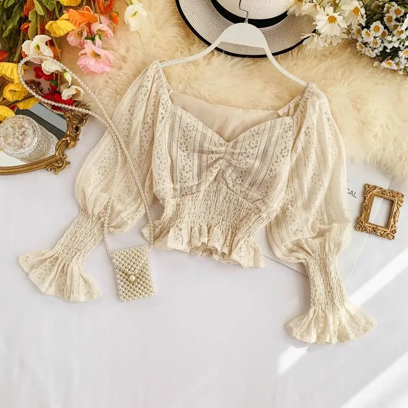 Korea Ins Sweet Short Crop Tops Autumn 2019 New Women V Neck Lace Long Lantern Sleeve Blusas Mujer De Moda Shirts Blouse J374 | Женская