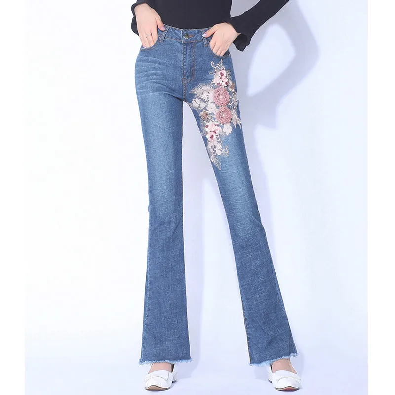 Fashion embroidery Denim Flare Pants Women Retro Ripped Jeans woman Wide Leg Trousers Lady Casual Bell-Bottoms Flare Pant Female - Цвет: Light blue-1