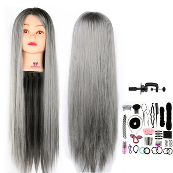 

28" Mannequin Heads Doll for Hairstyles Practice Grey Color Thick Long Hair Hairdressing Training Manikin Head Model Display