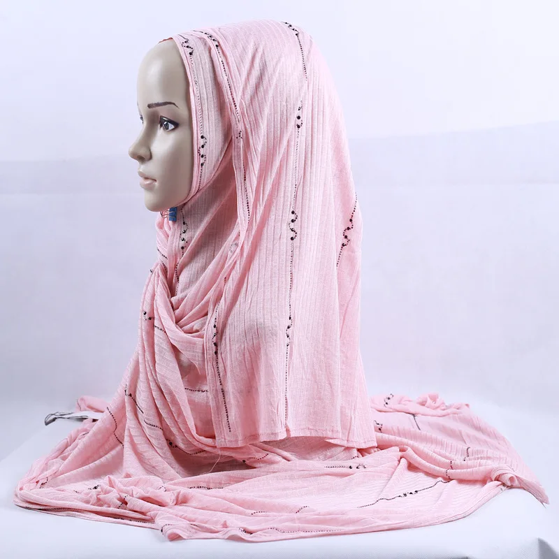 pink 200x120 см KASHKHA брендовый вязанный Длинный Шарф чешские Стразы мусульманские хиджаб платок роскошные бриллианты в полоску завязанные головные уборы - Цвет: pink