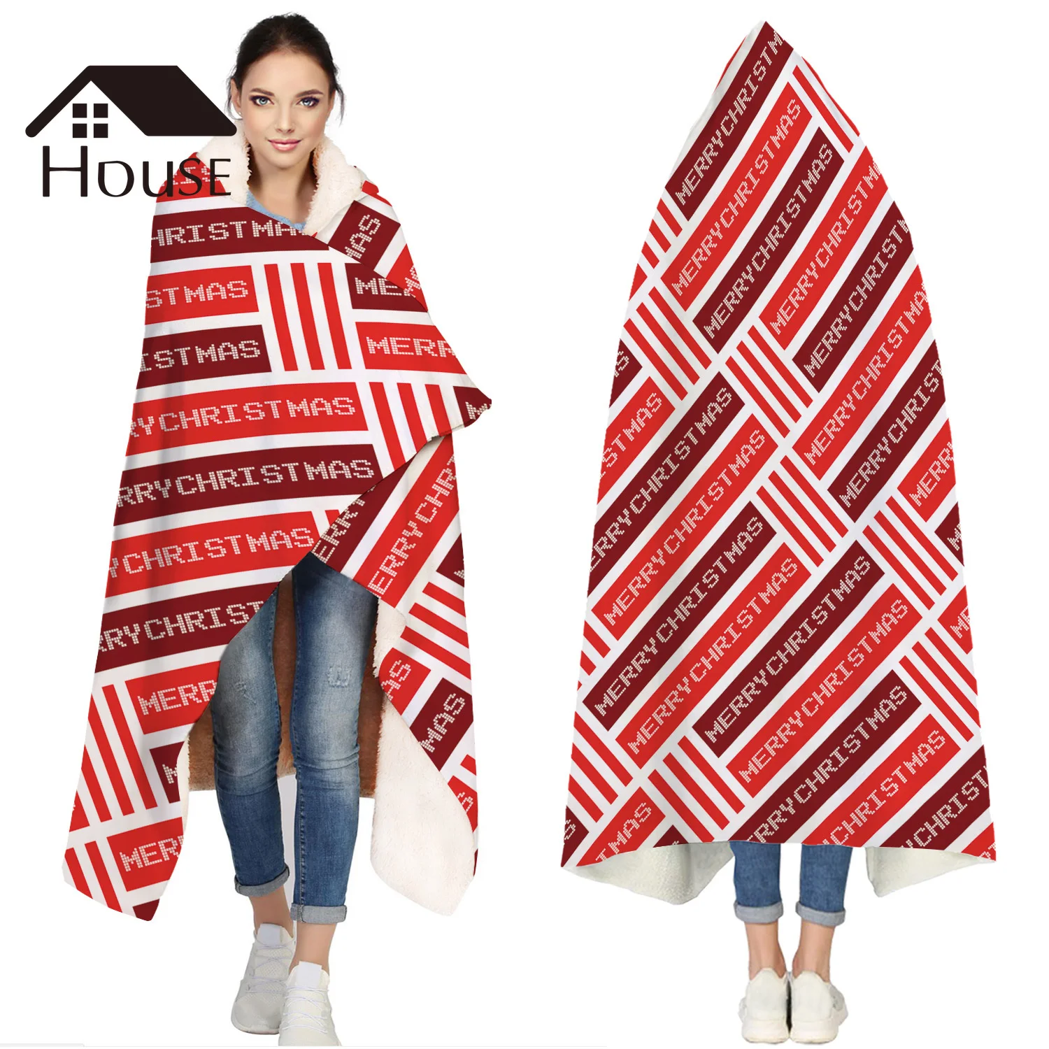 

Creative Pixel Text Merry Christmas Pattern Portable Wearable Fluffy Custom Hooded Blanket Fleece Hooded Throw Wrap Bed Blanket