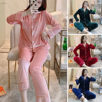 

Women's Sleepwear Solid Color Homewear Nightwear Pleuche Pajama Coral Velvet Nightgown Leisure Winter Pajama Sets V-Neck Warm