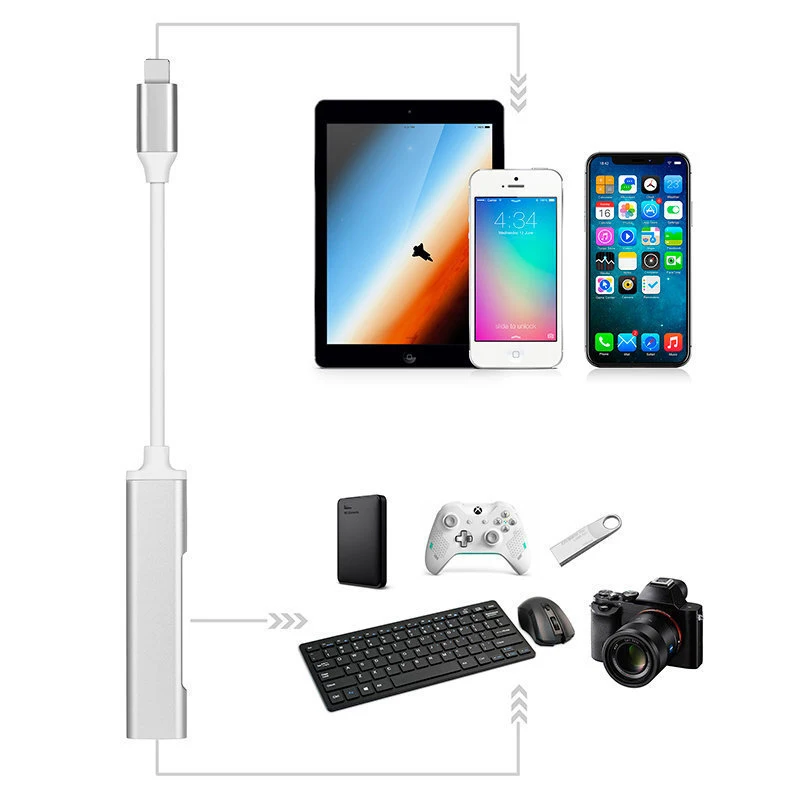 3 порта USB 0 концентратор разветвитель OTG адаптер для IPhone 8 Pin Lightning к камеры