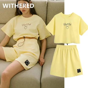 

Withered ins fashion blogger high street letter print summer t shirt women harajuku tshirt bermuda shorts women two pieces sets