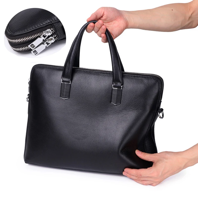 

Large Capacity Genuine Cow Leather Handbag Men's Briefcase 14" Laptop Tote Brand Black Cowhide Male Messenger Shoulder bags New
