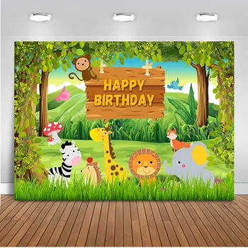 

Happy birthday theme party safari jungle forest animals backdrop for photography newborn baby wild birthday background for photo