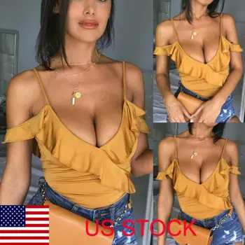 

US 2019 Sexy Women Leotard Top V Neck Bodysuit Sleeveless Shorts Ruffles Romper Mini Playsuit Casual Evening Party Hot