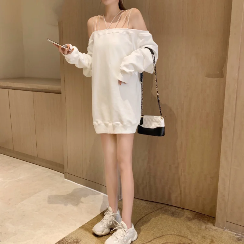 Autumn Women's Gothic Sexy Exposed Shoulder Bright Drill Shoulder Belt Black Pullover Streetwear Long Sleeve Loose Sweatshirt